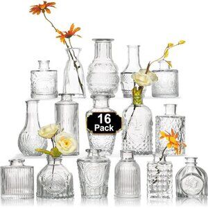 Arme 16Pcs Glass Bud Vase Set，Small Flower Vase for Centerpieces，Clear Bud